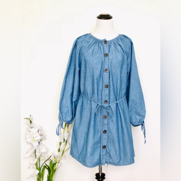 NEW! J. Crew Dress Chambray Button Front Tie Sleeve Blue SZ Small - Picture 4 of 9